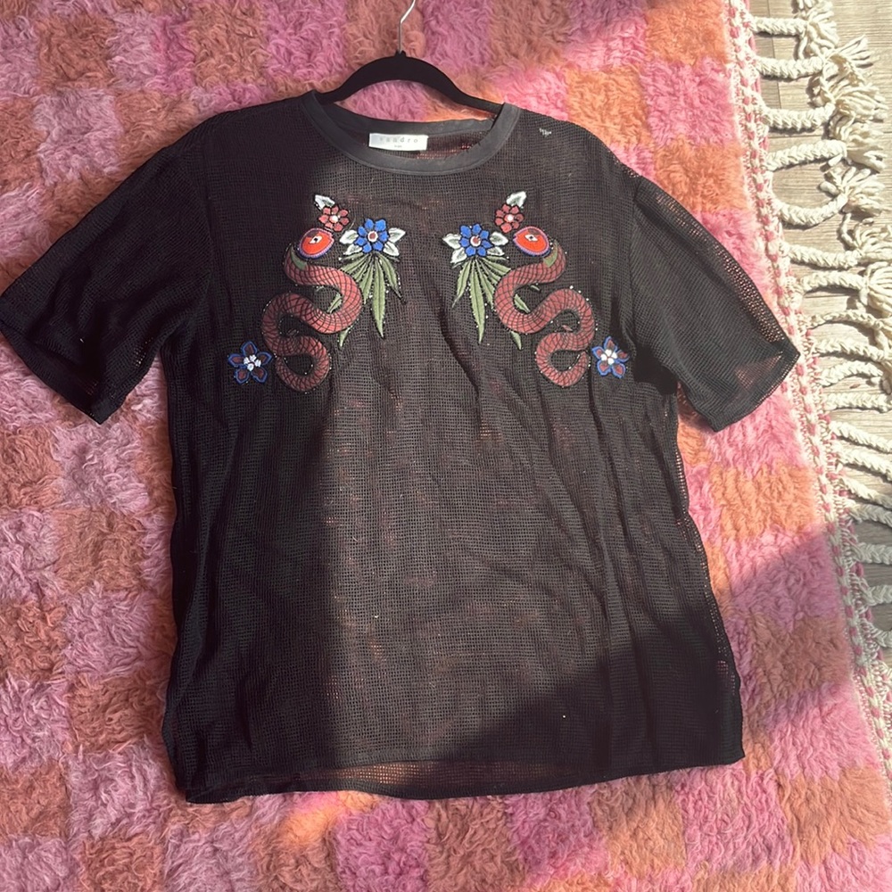 Sandro Paris embroidered mesh top